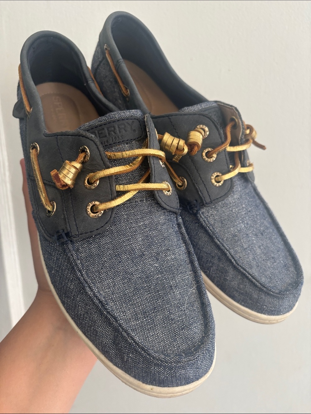 Sperry Navy Canvas Boat Shoes with Gold Lacing